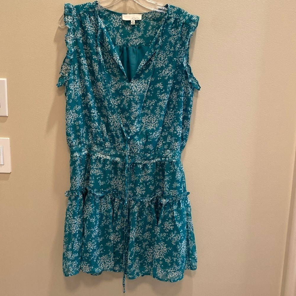 PINCH Anthropologie Sheer Ruffle Dress Green Floral Elasticated Waist Tiered M
